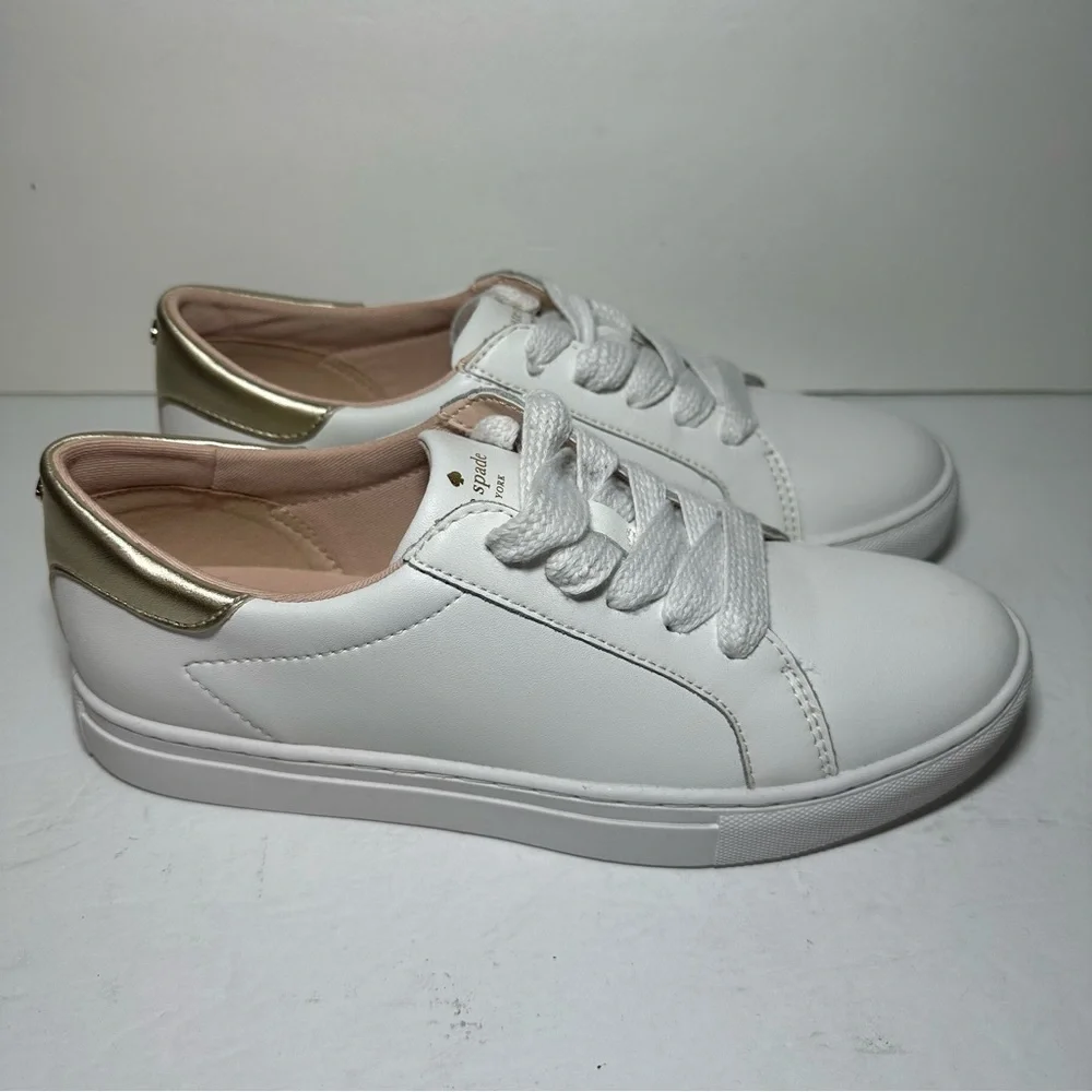 NEW Kate Spade Womens Alanna Sneaker Trainer White Gold Casual Everyday 6.5 NWOB
